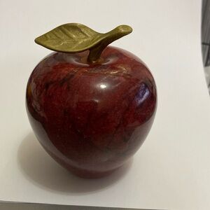 VINTAGE POLISHED RED ALABASTER MARBLE APPLE W/BRASS LEAF